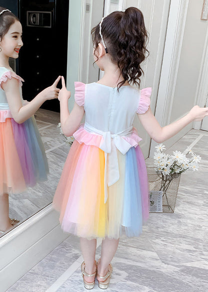 Stylish Rainbow O-Neck Tulle Patchwork Cotton Girls Dress Summer EW053 WS-RCTZSDGL240809