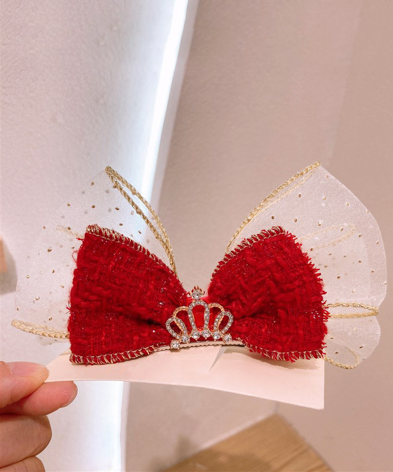 Stylish Red Alloy Tulle Fabric Zircon Bow Kids Hairpin YG039 ABC