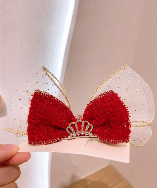 Stylish Red Alloy Tulle Fabric Zircon Bow Kids Hairpin YG039 ABC