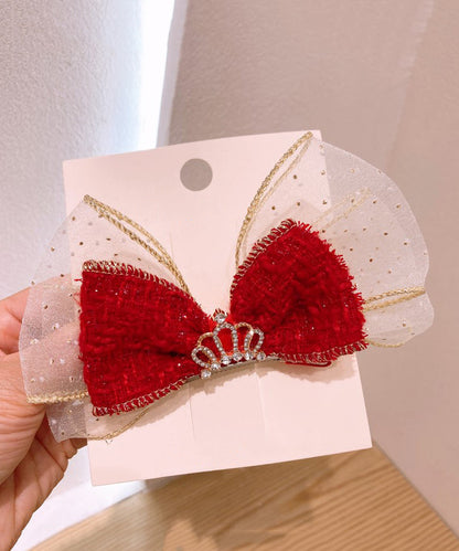 Stylish Red Alloy Tulle Fabric Zircon Bow Kids Hairpin YG039 ABC