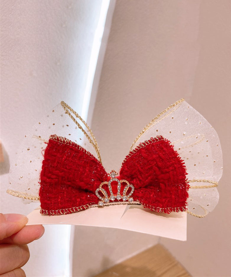 Stylish Red Alloy Tulle Fabric Zircon Bow Kids Hairpin YG039 ABC