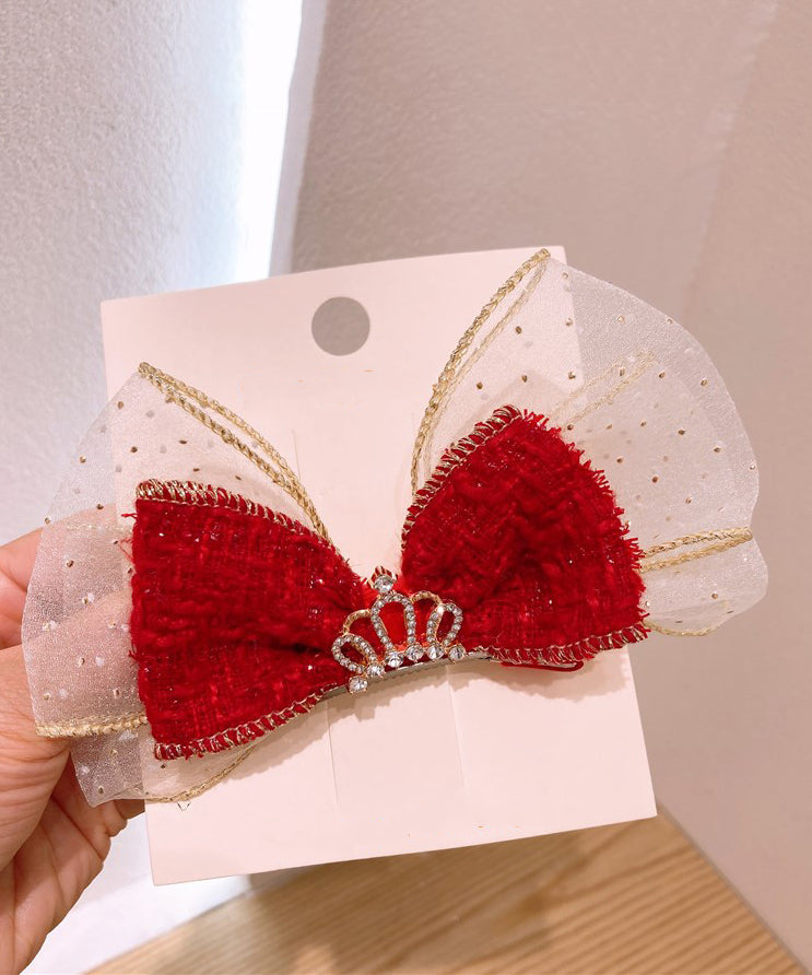 Stylish Red Alloy Tulle Fabric Zircon Bow Kids Hairpin YG039 ABC