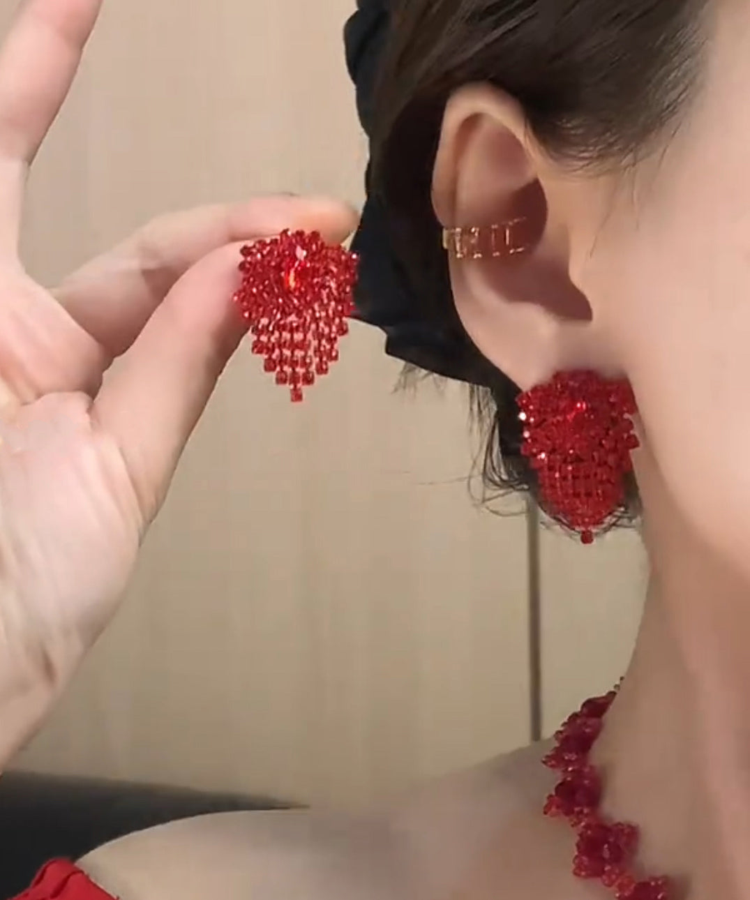 Zircon Earrings Stylish Stud Tassel Alloy Red FashionChic