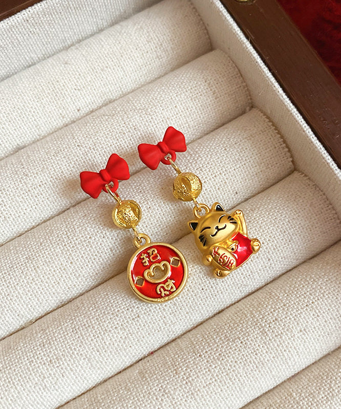 Stylish Red Copper Alloy Bow Enamel Lucky Cat Drop Earrings YD043 ABC