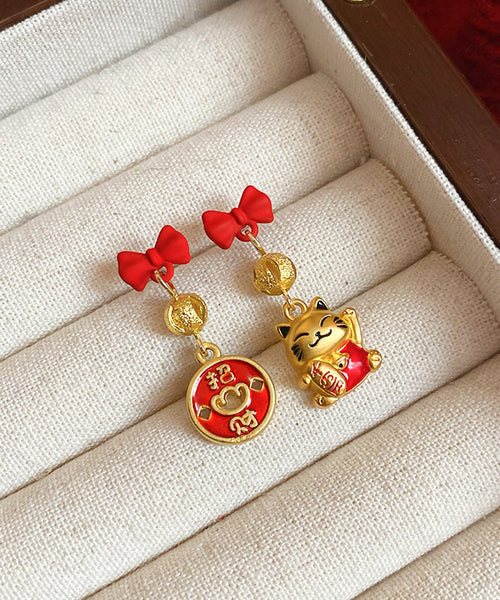 Stylish Red Copper Alloy Bow Enamel Lucky Cat Drop Earrings YD043 ABC