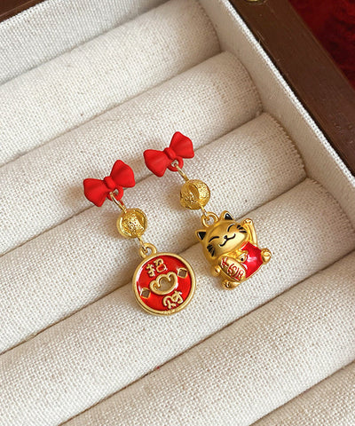 Stylish Red Copper Alloy Bow Enamel Lucky Cat Drop Earrings YD043 ABC