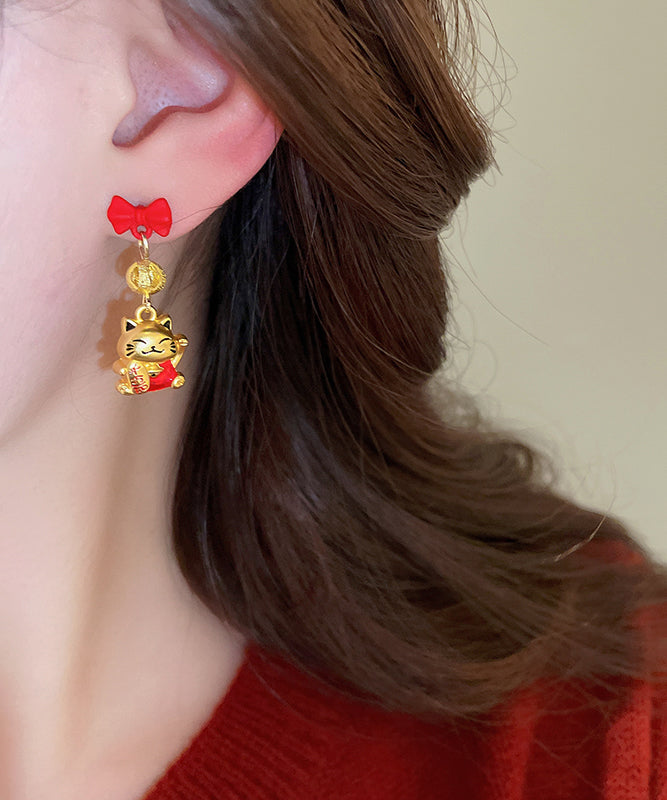 Stylish Red Copper Alloy Bow Enamel Lucky Cat Drop Earrings YD043 ABC