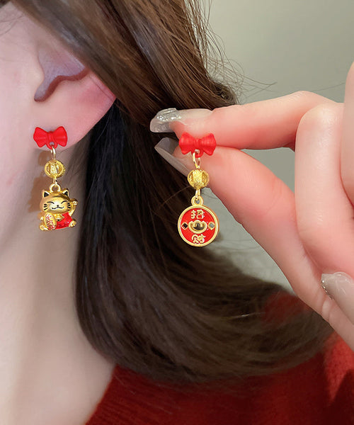 Stylish Red Copper Alloy Bow Enamel Lucky Cat Drop Earrings YD043 ABC