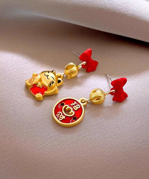 Stylish Red Copper Alloy Bow Enamel Lucky Cat Drop Earrings YD043 ABC