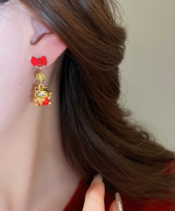 Stylish Red Copper Alloy Bow Enamel Lucky Cat Drop Earrings YD043 ABC