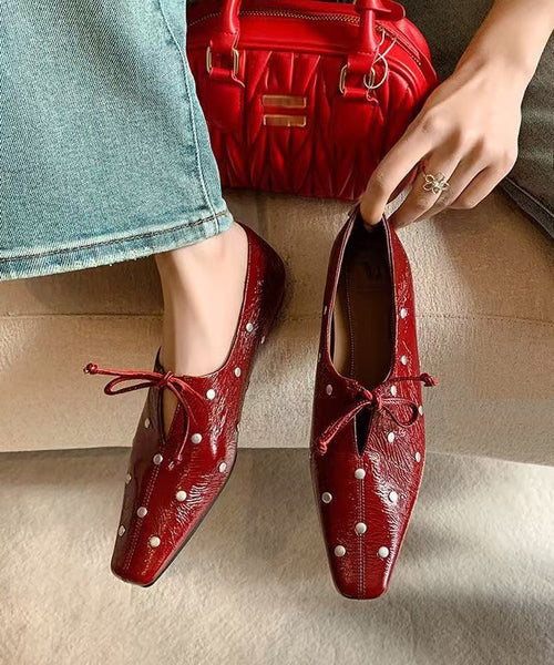 Stylish Red Cowhide Leather Flat Feet Shoes Bow Rivet YC034 ABC
