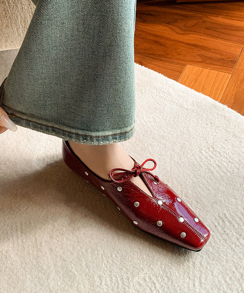 Stylish Red Cowhide Leather Flat Feet Shoes Bow Rivet YC034 ABC