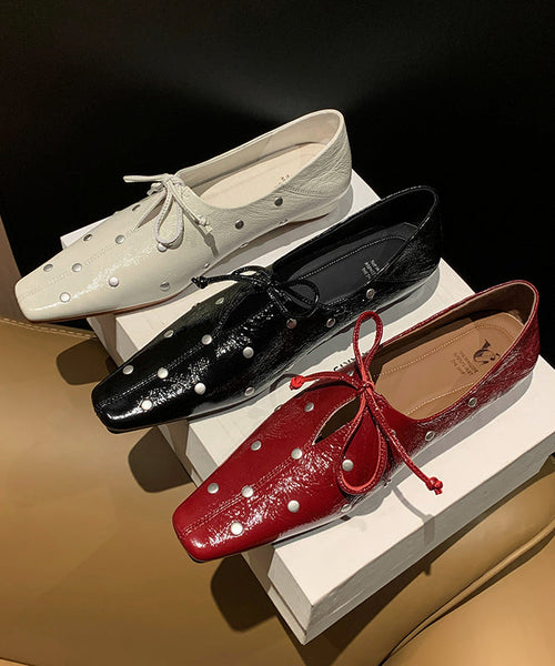 Stylish Red Cowhide Leather Flat Feet Shoes Bow Rivet YC034 ABC