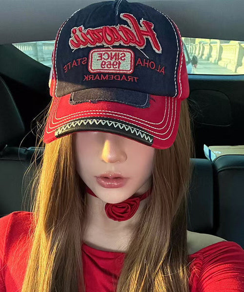Denim Red Baseball Embroideried Cap Hat Stylish FashionChic