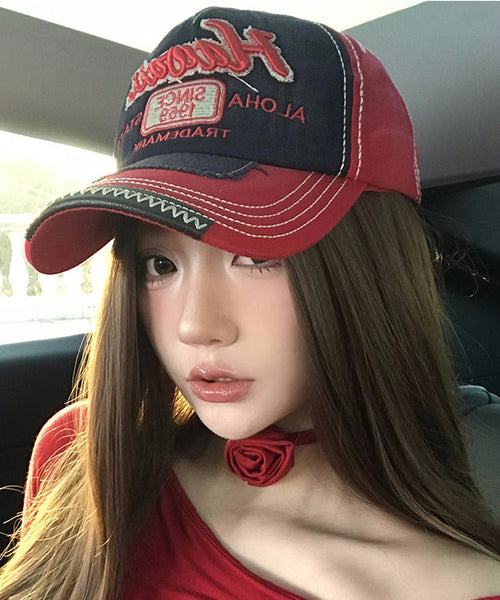 Denim Red Baseball Embroideried Cap Hat Stylish FashionChic