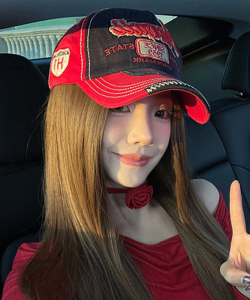 Denim Red Baseball Embroideried Cap Hat Stylish FashionChic