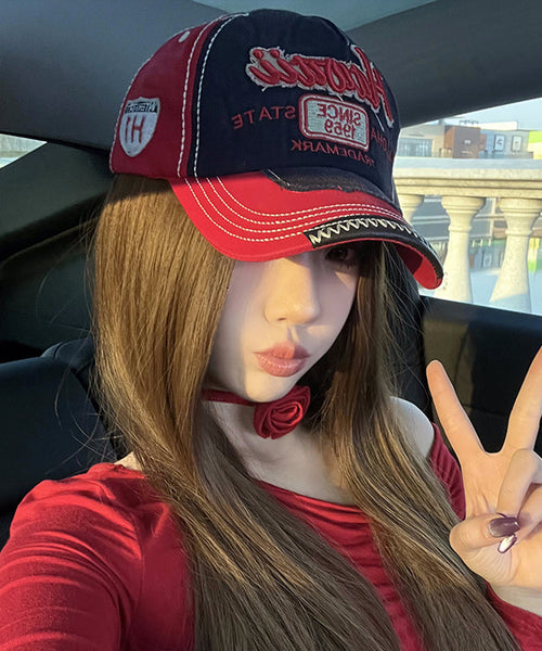 Denim Red Baseball Embroideried Cap Hat Stylish FashionChic