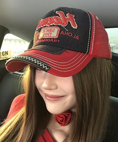 Denim Red Baseball Embroideried Cap Hat Stylish FashionChic