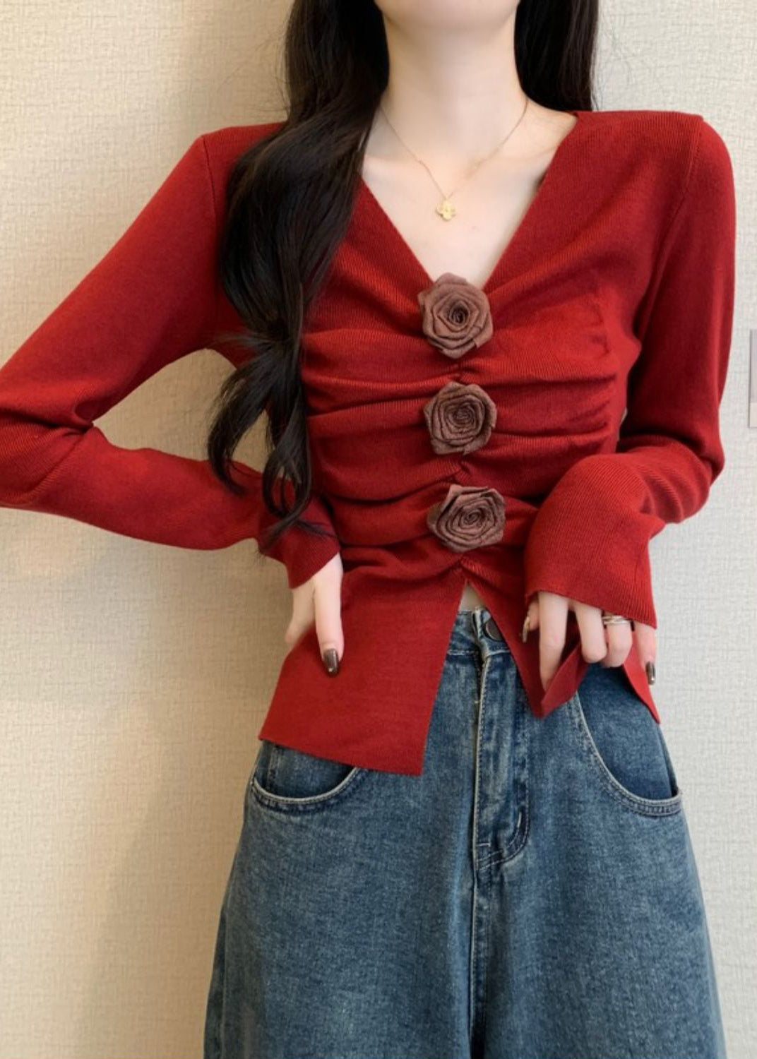 Stylish Red Floral Wrinkled Knit Sweater Spring TM032 ABC