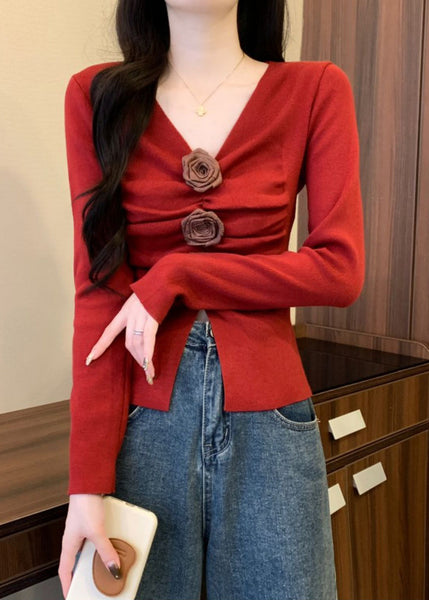 Stylish Red Floral Wrinkled Knit Sweater Spring TM032 ABC