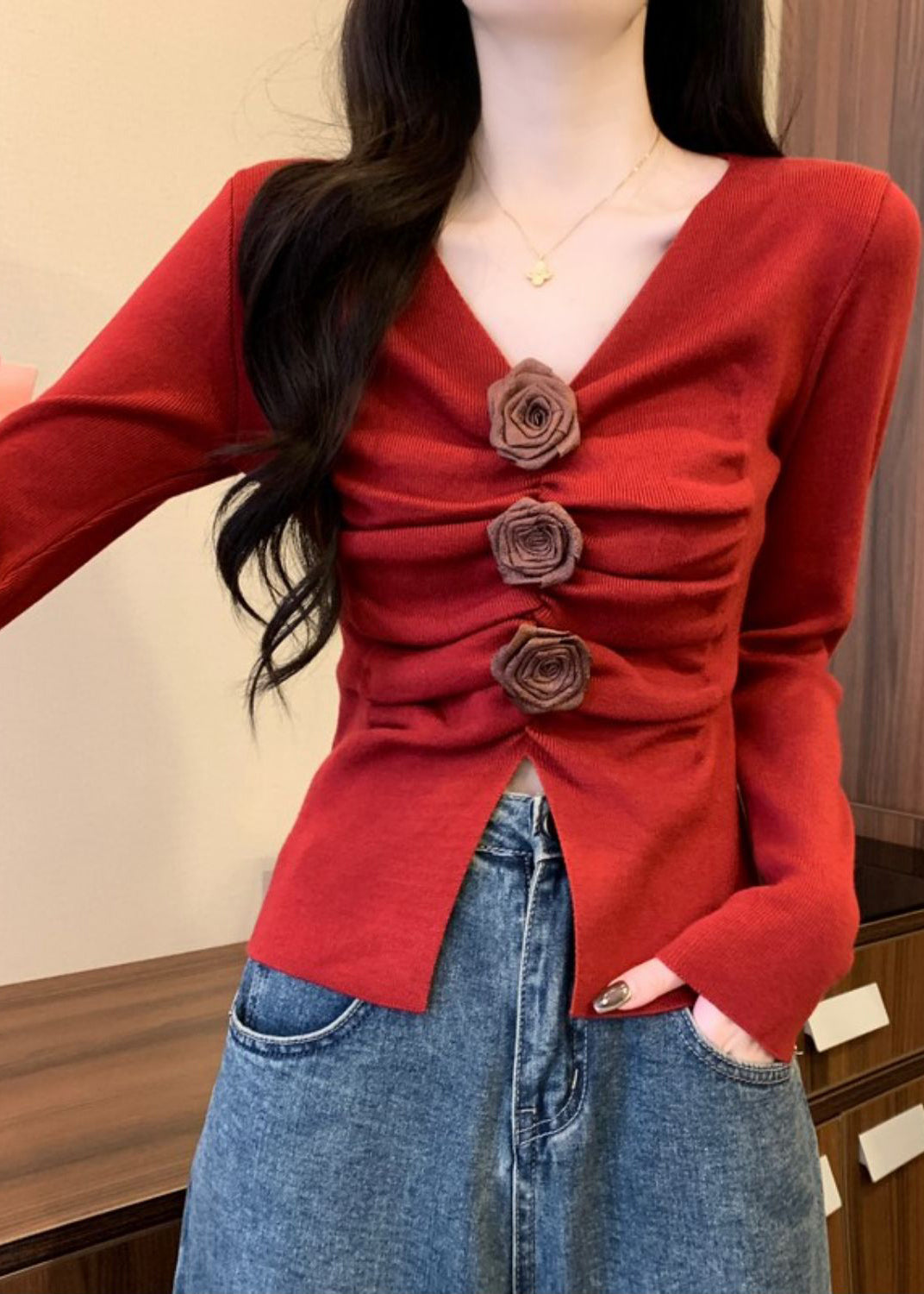 Stylish Red Floral Wrinkled Knit Sweater Spring TM032 ABC