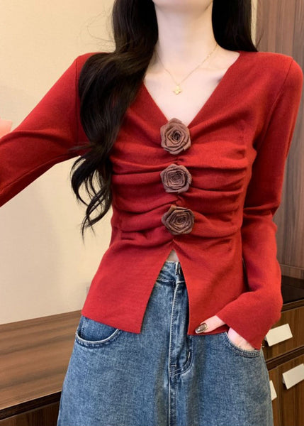 Stylish Red Floral Wrinkled Knit Sweater Spring TM032 ABC