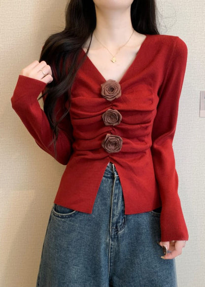 Stylish Red Floral Wrinkled Knit Sweater Spring TM032 ABC