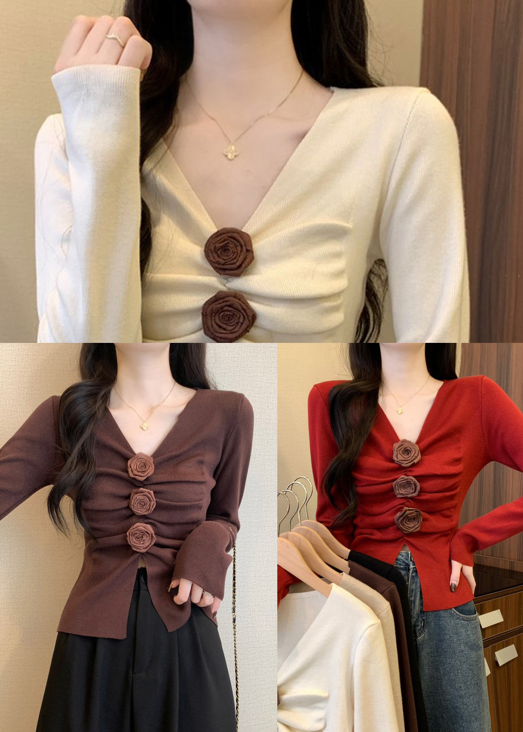 Stylish Red Floral Wrinkled Knit Sweater Spring TM032 ABC