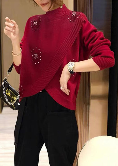 Stylish Red Hign Neck Nail Bead Woolen Knit Pullover Spring TZ041