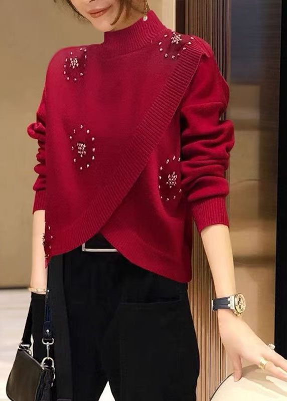 Stylish Red Hign Neck Nail Bead Woolen Knit Pullover Spring TZ041