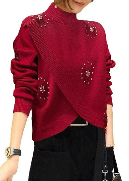 Stylish Red Hign Neck Nail Bead Woolen Knit Pullover Spring TZ041
