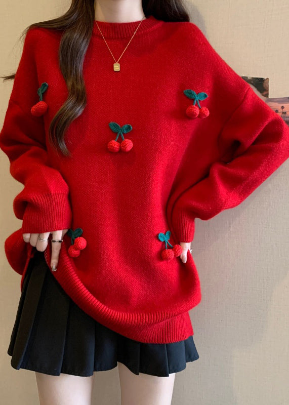 Stylish Red O-Neck Cherry Decorated Knit Sweater Winter RG023 ABC