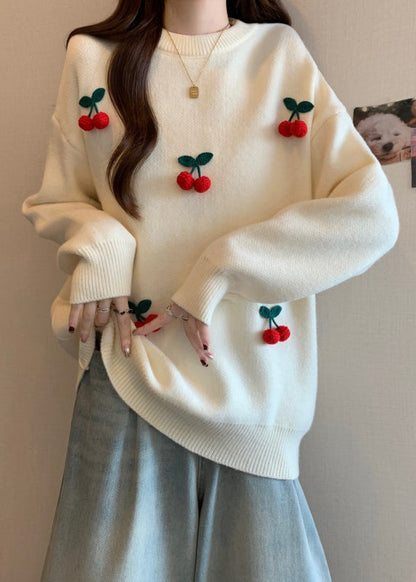 Stylish Red O-Neck Cherry Decorated Knit Sweater Winter RG023 ABC