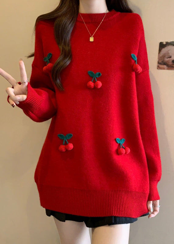 Stylish Red O-Neck Cherry Decorated Knit Sweater Winter RG023 ABC
