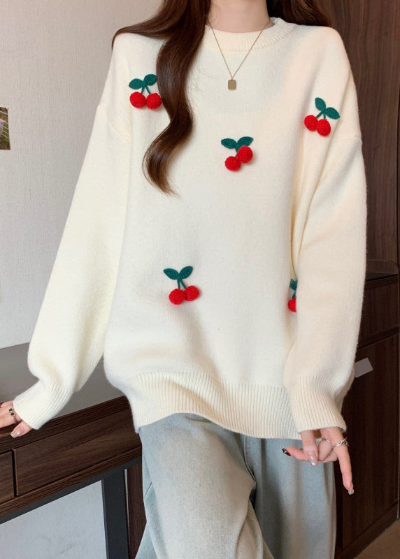 Stylish Red O-Neck Cherry Decorated Knit Sweater Winter RG023 ABC