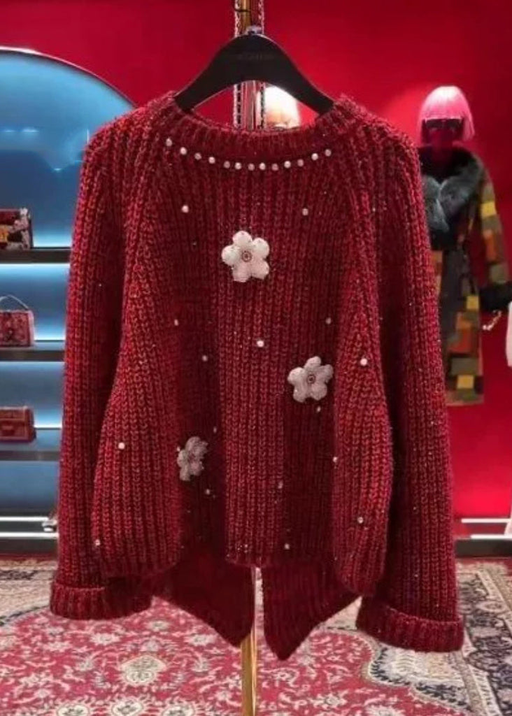 Stylish Red O-Neck Floral Nail Bead Thick Cotton Knit Sweater Tops Winter WR043 OL-NTP241103