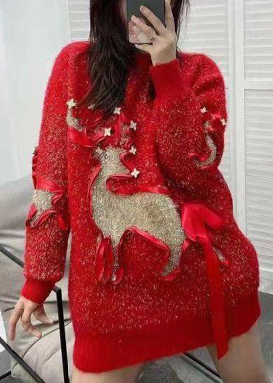 Stylish Red O Neck Patch Loose Knit Sweaters Spring TN019 ABC