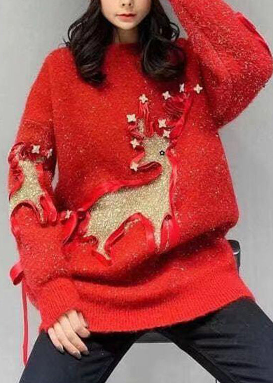 Stylish Red O Neck Patch Loose Knit Sweaters Spring TN019 ABC