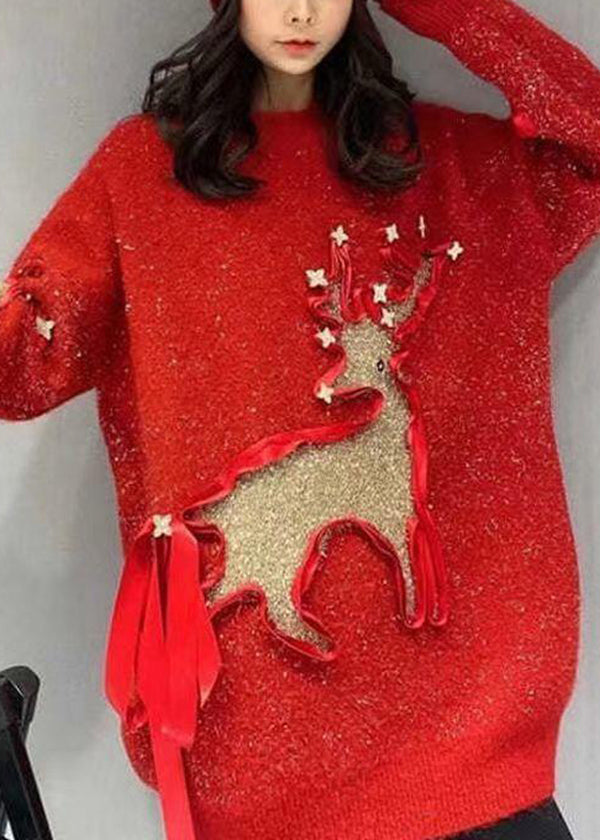 Stylish Red O Neck Patch Loose Knit Sweaters Spring TN019 ABC