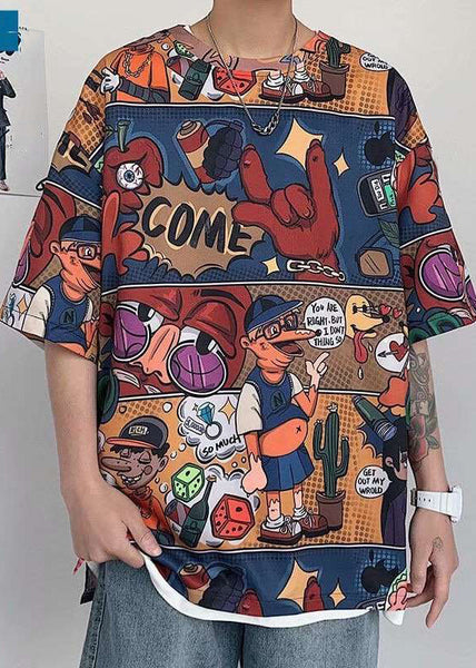 O T Stylish Red Men Neck Print Half Cotton Sleeve Shirts FashionChic