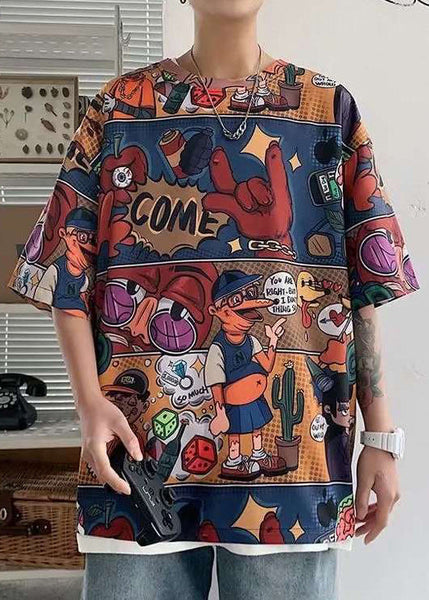 O T Stylish Red Men Neck Print Half Cotton Sleeve Shirts FashionChic