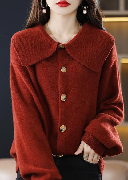 Stylish Red Peter Pan Collar Button Solid Knit Cardigan Fall QI048 OM-BB241005