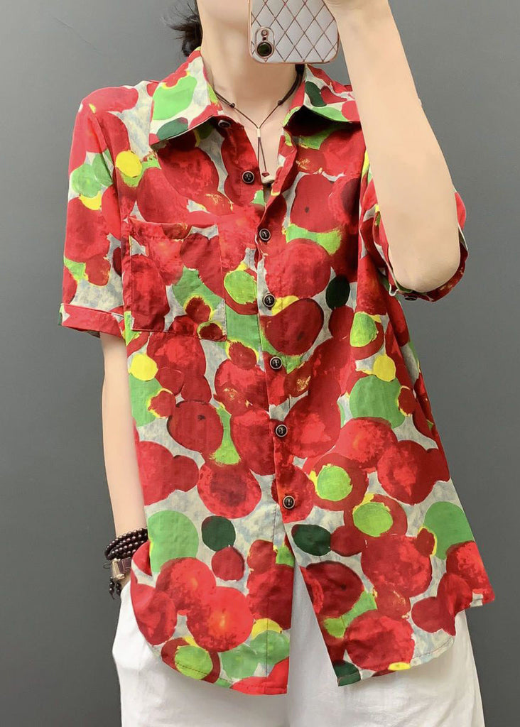 Stylish Red Print Button Pockets Cotton Blouses Short Sleeve AU1041 MZF-240903