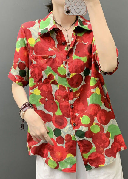 Stylish Red Print Button Pockets Cotton Blouses Short Sleeve AU1041 MZF-240903