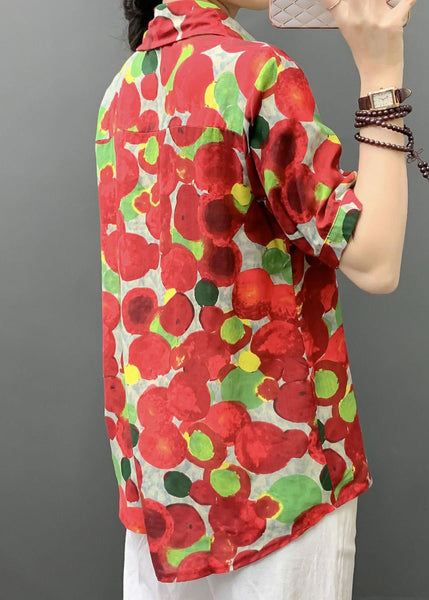 Stylish Red Print Button Pockets Cotton Blouses Short Sleeve AU1041 MZF-240903