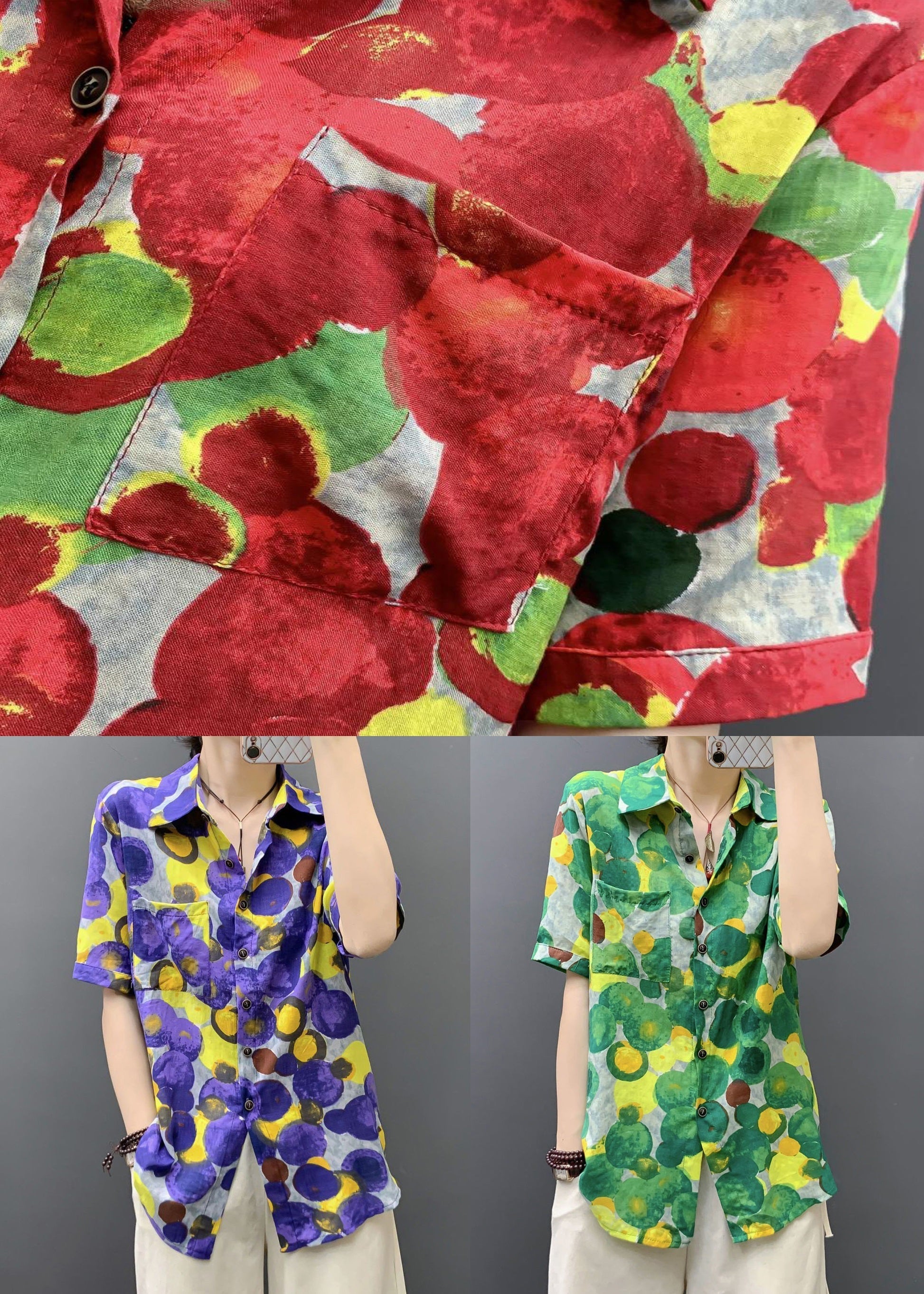Stylish Red Print Button Pockets Cotton Blouses Short Sleeve AU1041 MZF-240903