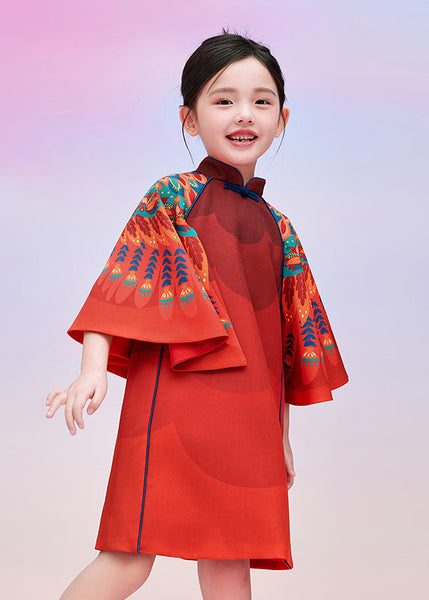 Dresses Sleeves Kids Print Stylish Cloak Red Vacation Maxi FashionChic