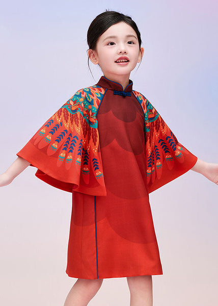 Dresses Sleeves Kids Print Stylish Cloak Red Vacation Maxi FashionChic