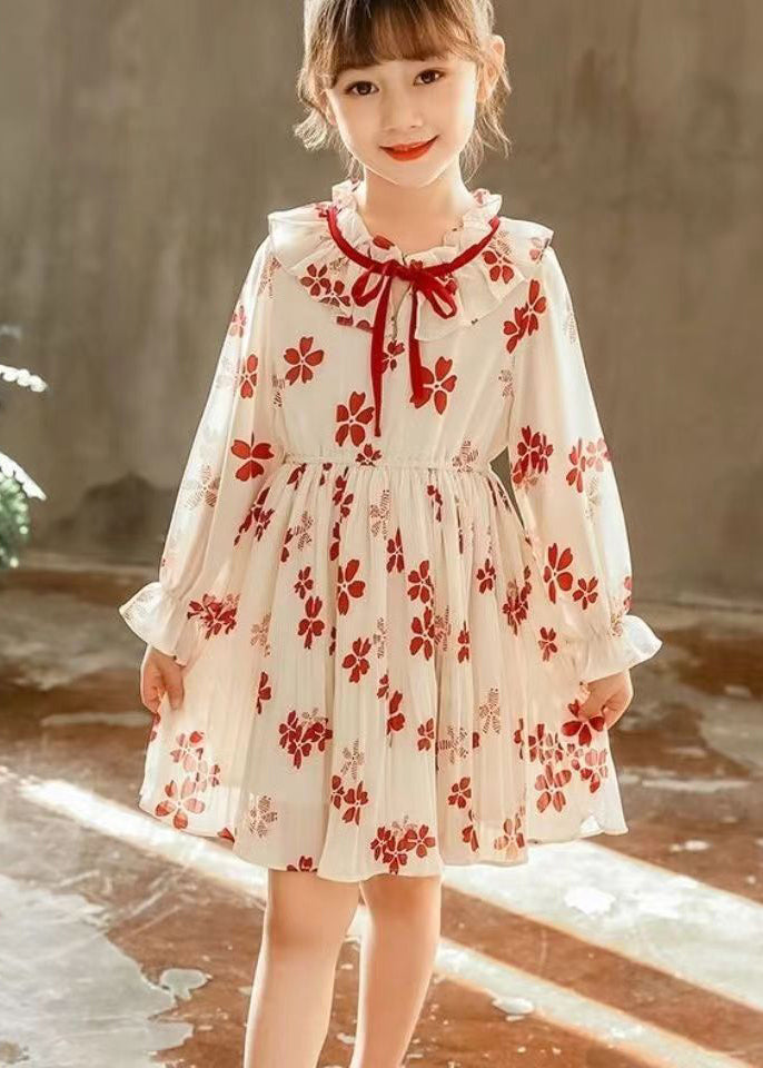 Stylish Red Ruffled Print Lace Up Chiffon Girls Dresses Flare Sleeve XZ098 FALL-MM-RCTZ-FDGL240618