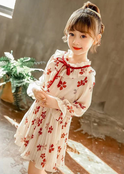 Stylish Red Ruffled Print Lace Up Chiffon Girls Dresses Flare Sleeve XZ098 FALL-MM-RCTZ-FDGL240618